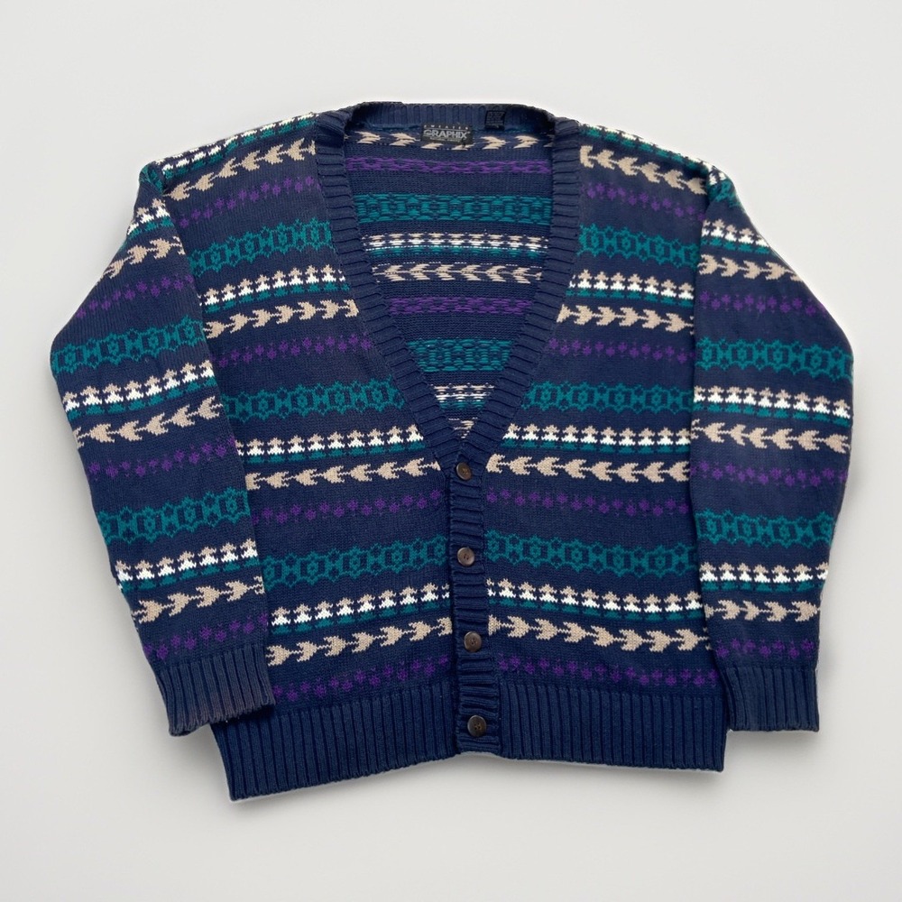 Vintage Sweater Graphix Knit Cardigan Mens L Blue Geometric Striped 90s Cotton